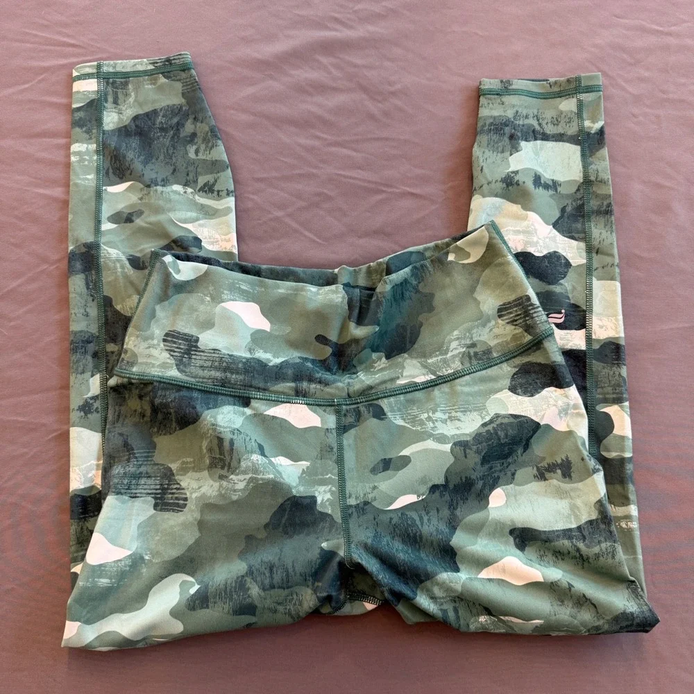 Fabletics PowerHold High Waisted Leggings Green Abstract Camo Compression Womens